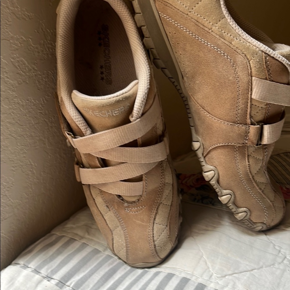 Skechers Tan Suede Strap Sneakers